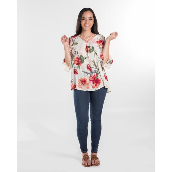 Ivory Multi Color Floral 3/4 Sleeve Top - Medium - Picture 4 of 12